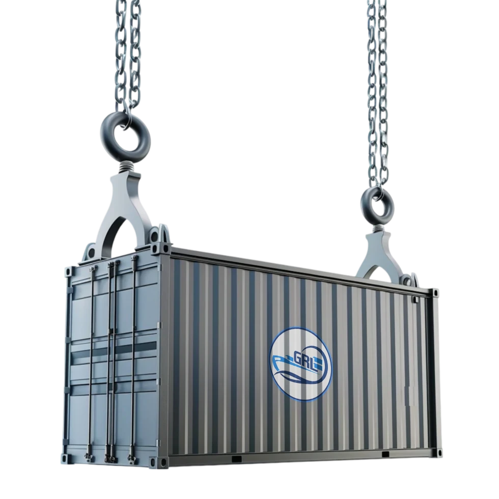 Shipping container suspended from a crane